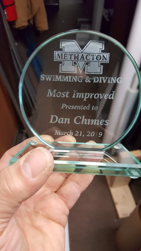 Engraved jade glass award for Methacton Swimming and Diving Most Improved